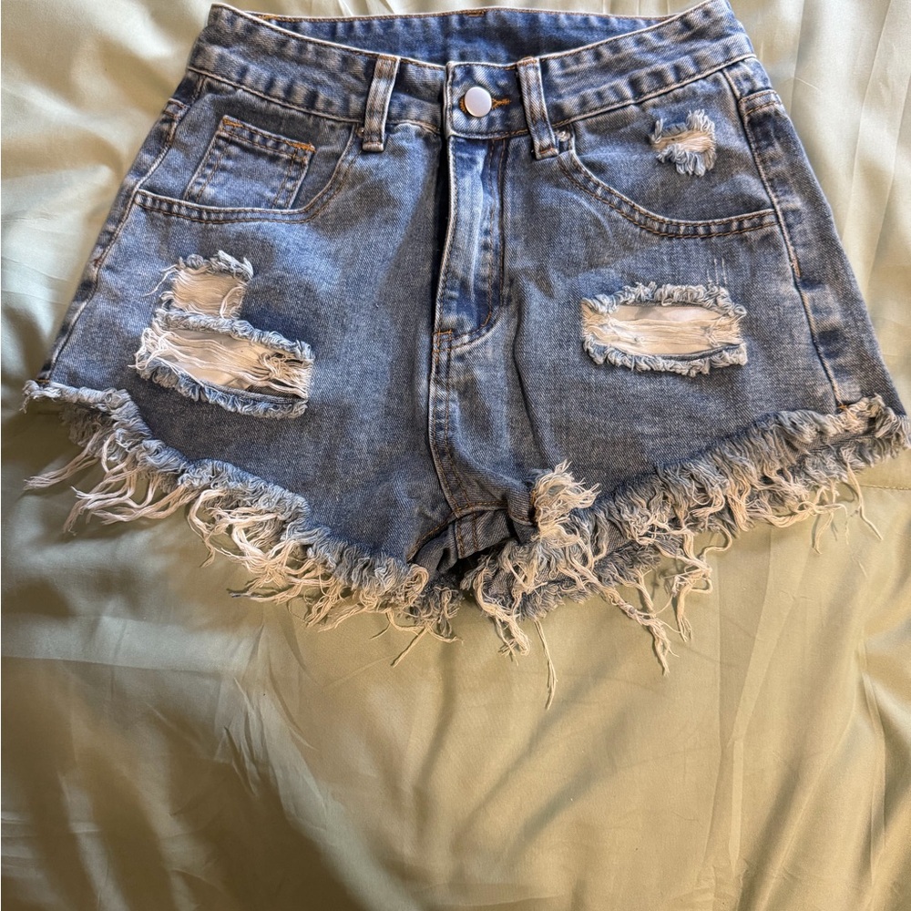 Distressed High-Waist Denim Shorts - Blue